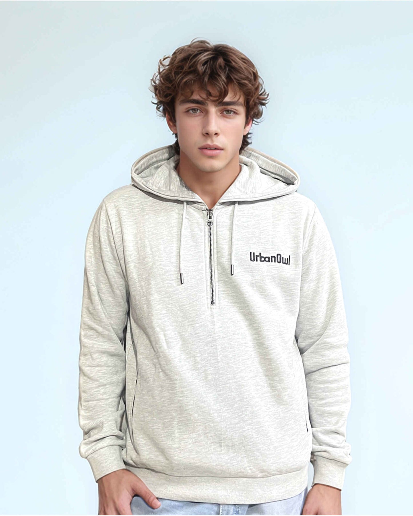 Mens Half Zipper Grey Melange Hoodie.
