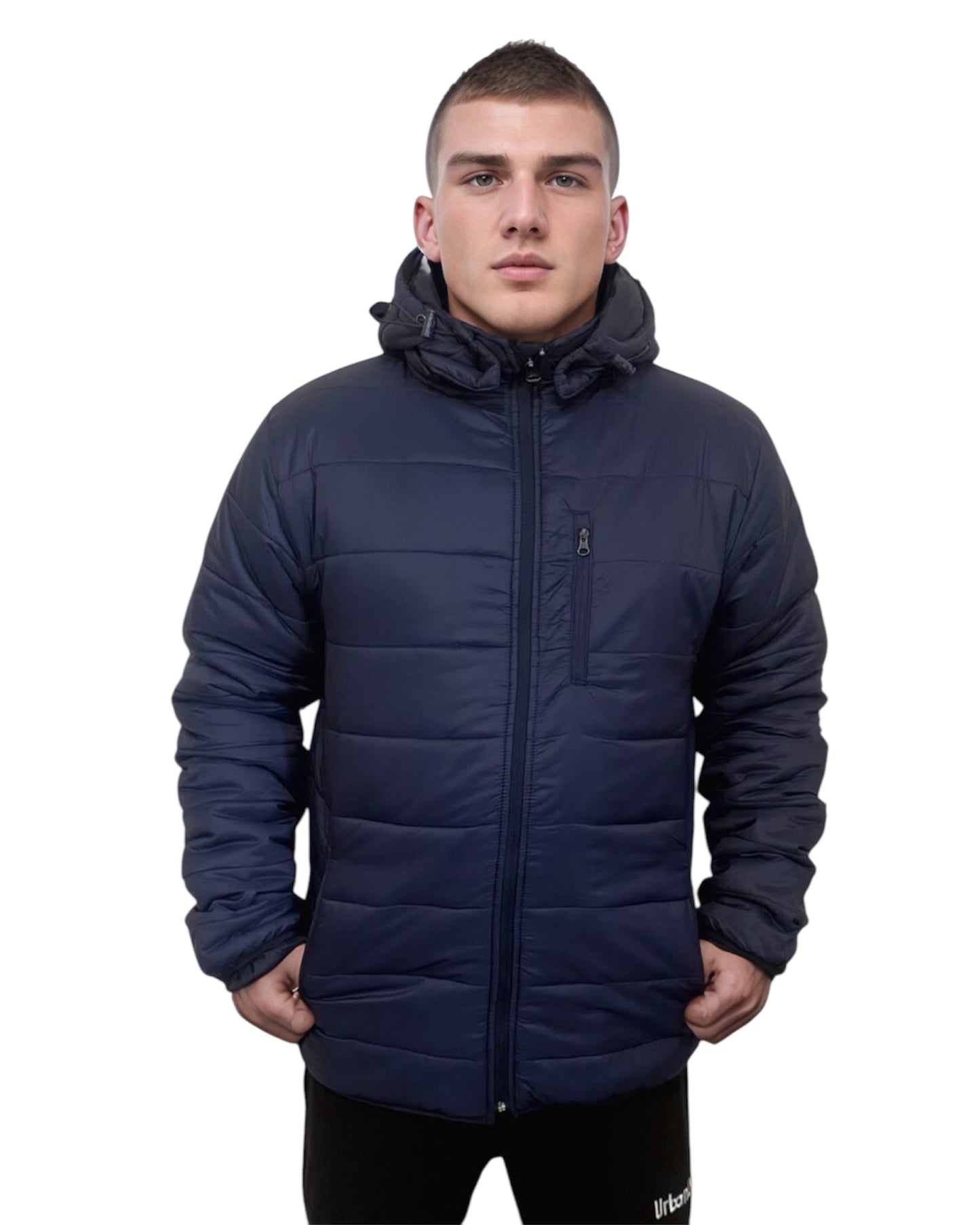 Navy Blue Padded Winter hooded jacket for Men.