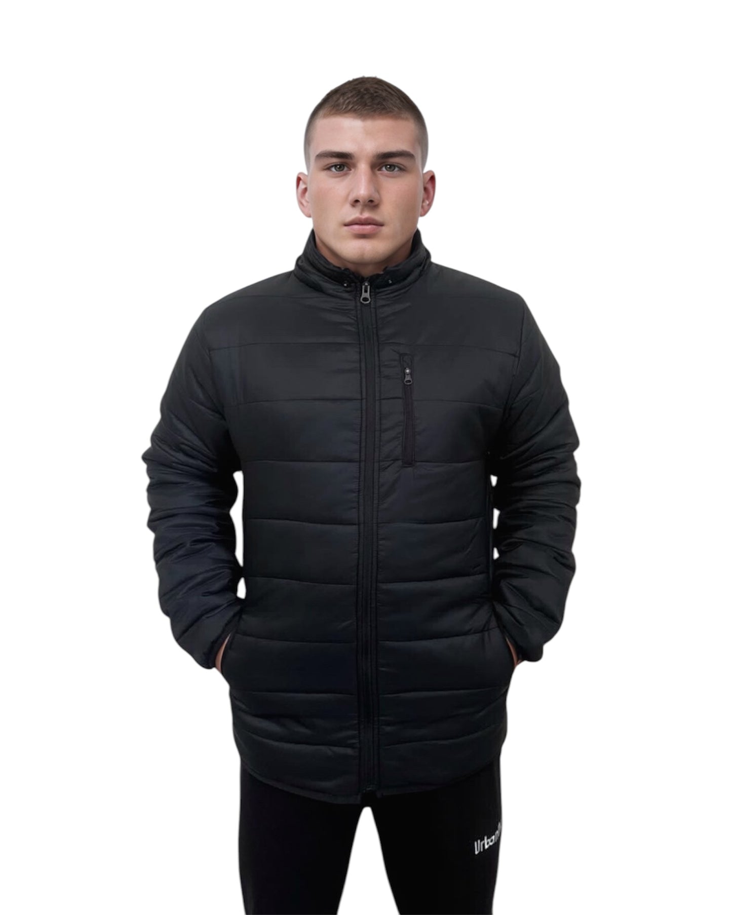 Black Padded Winter hooded jacket for Men.